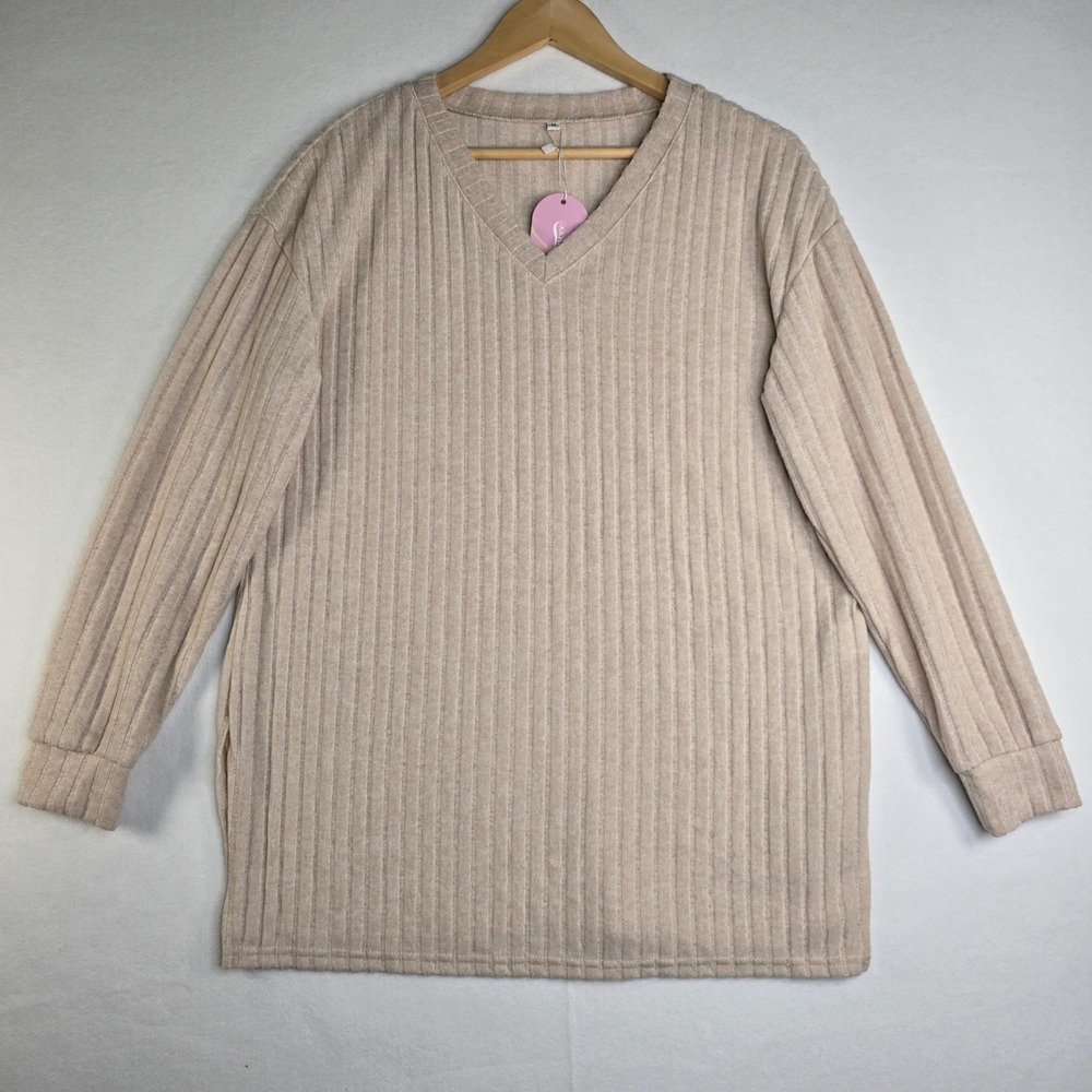 New V-Neck Ribbed Knit Long Sleeve Top Beige Drop Shoulder Side Slit Size M